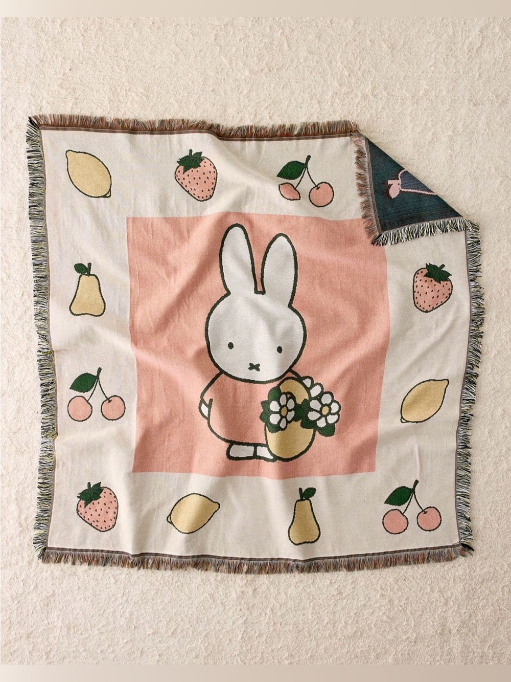 miffy Cream and Pink Bunny Fruit Throw Blanket NEW NWT
